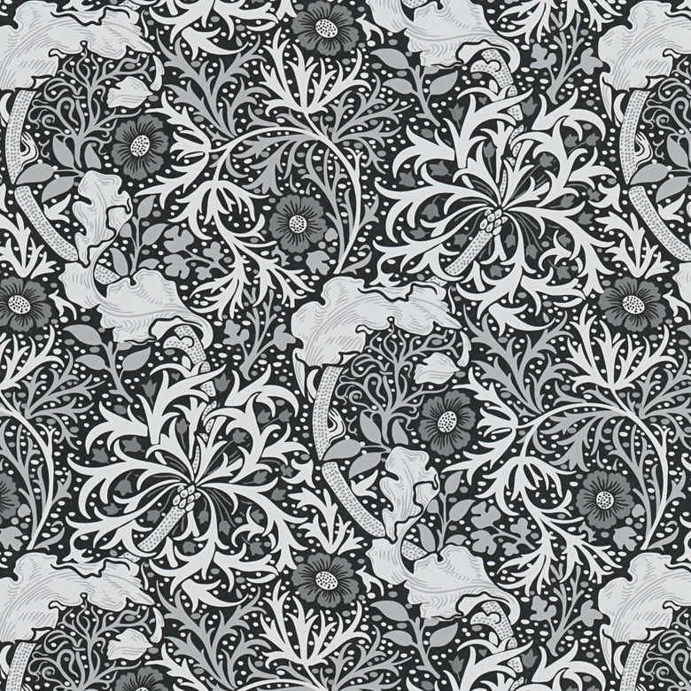 Papier peint avec rinceaux fleuris et fleurs noir et blanc - papier peint intissé floral 