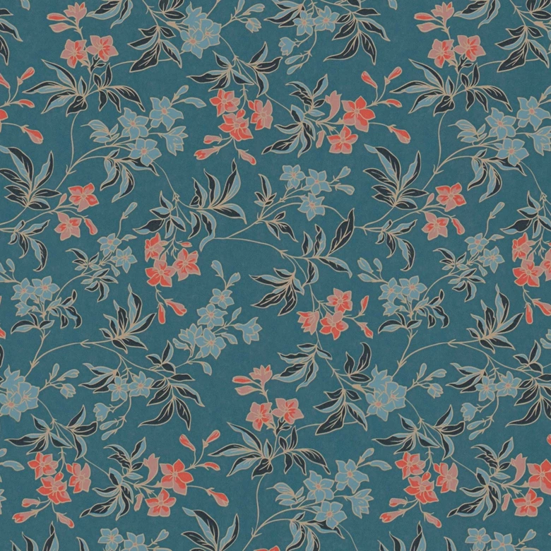 Papier peint fleuri avec fleurs rouge bleu - papier peint à motifs floraux moderne - papier peint intissé floral 