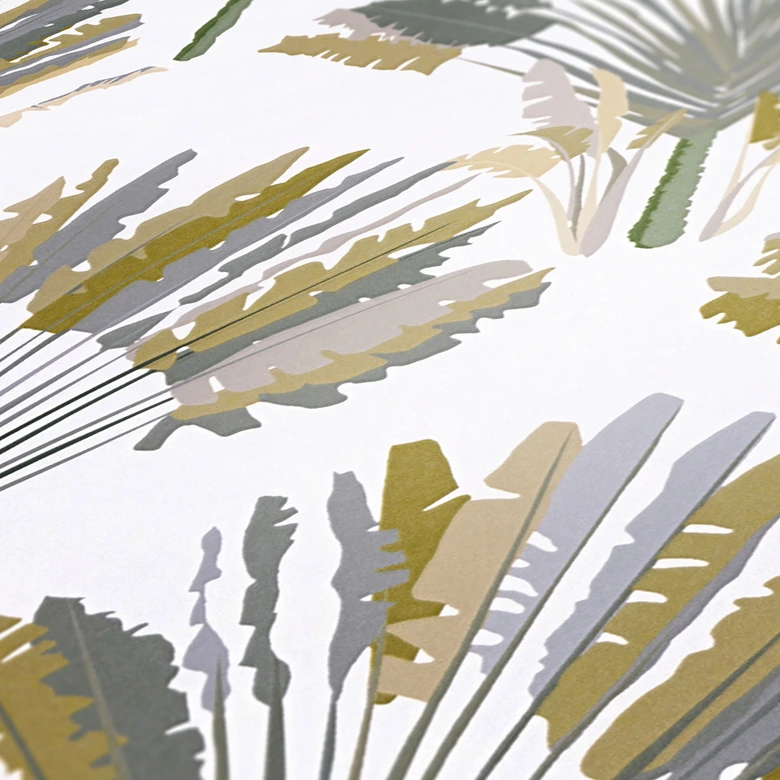 Architects Paper Vliestapete Jungle Chic Dschungeltapete Palmentapete gelb, grau, weiß 