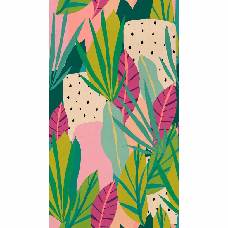 Fotobehang kleurrijk groen roze - junglebehang modern met bladeren - Vliesbehang 