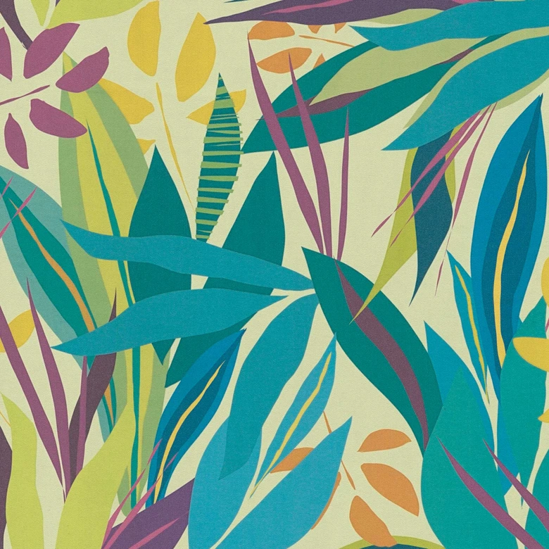 Tapeta tropikalna kolorowa jasnozielona - motyw egzotycznych liści - tapeta z włókniny nowoczesna 