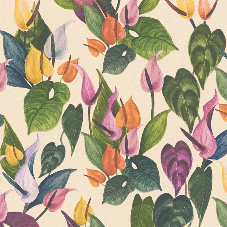 Florale Tapete Anthurien Bunt auf Creme – Tropische Blumentapete – Vliestapete 