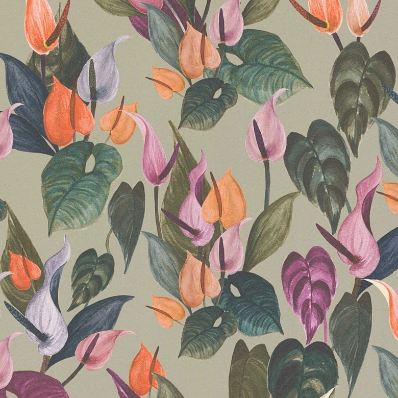 Blomstret tapet anthuriums farverig grøn beige - tropisk blomstermønster - Ikke-vævet tapet 