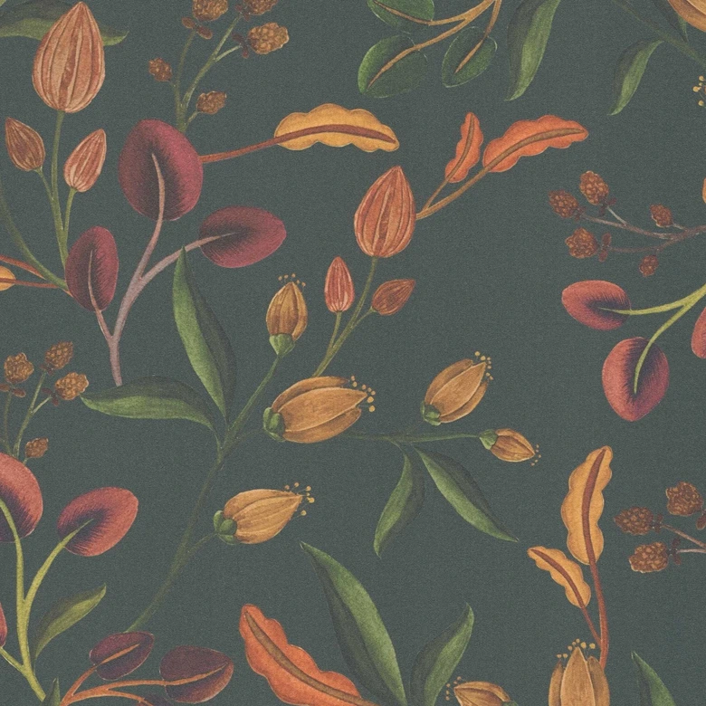 Florale Mustertapete Blüten Orange Rot – Dunkler Hintergrund – Vliestapete elegant 