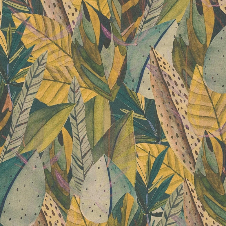Dschungel-Tapete Gelb Grün – Bunte Blattoptik tropisch – Vliestapete modern 