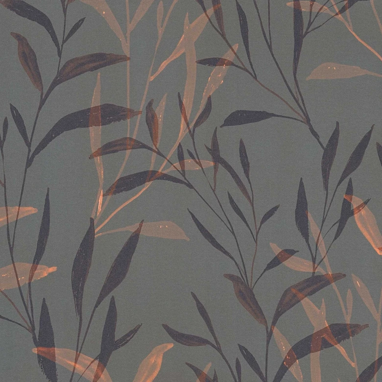 Papel pintado Hojas gris oscuro cobre - ramitas modernas mate - Papel pintado no tejido con brillo 