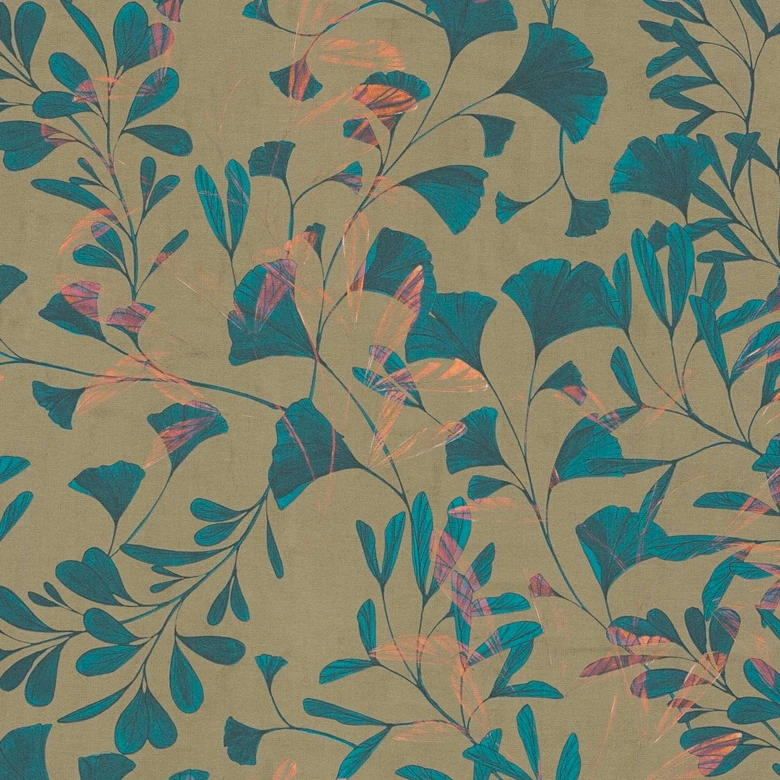 Blätter-Tapete Ginkgo Blau Beige – Vliestapete mit Kupferakzenten – Modernes Naturmotiv 