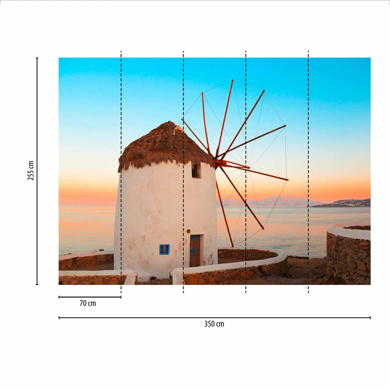 GreekWindmill landskapstapet i blåbrun - Fototapet i non-woven Designwalls 2 - 2,55 x 3,5 m 