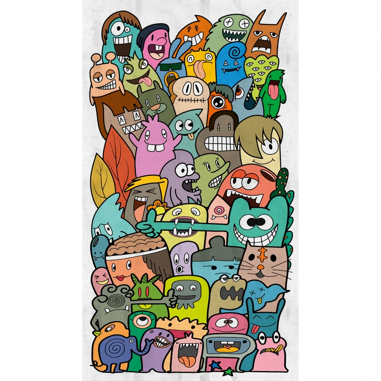 strip behang met kleurrijke karakters - vliesbehang cartoon design - kleurrijk behang 