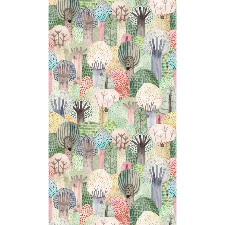 wall mural with colourful forest motif - non-woven wallpaper for children's rooms - playful tree design 