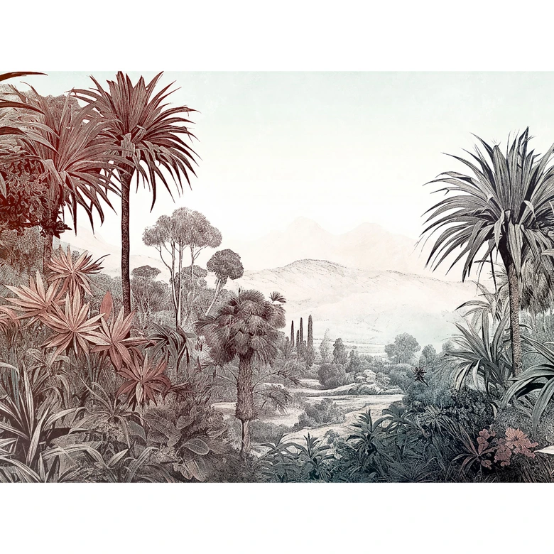 Papier peint Paysage tropical Marron Vert - papier peint intissé avec motif végétal pour le salon 