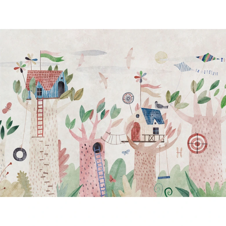 Wall mural children's room tree house colourful - Non-woven wallpaper with playground motif for baby room 