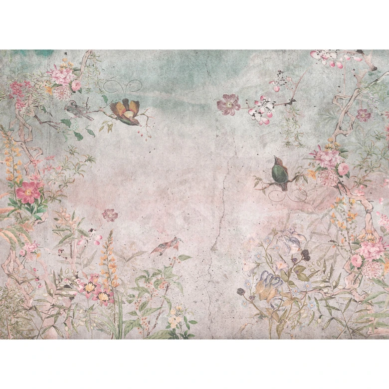 Fototapete Vintage Blumen und Vögel - Vliestapete mit Naturmotiven in Pastell - Romantisch 