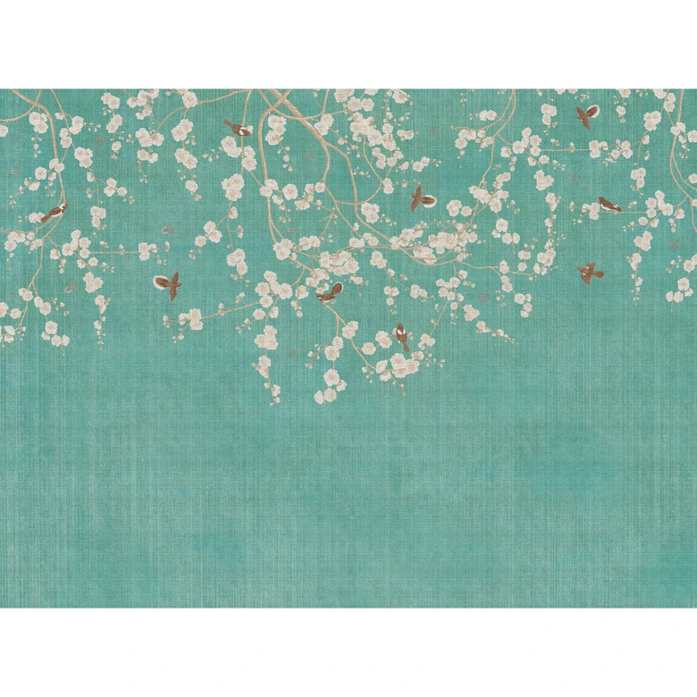 Kersenbloesem turquoise - vliesbehang met bloemenpatroon en vogels 