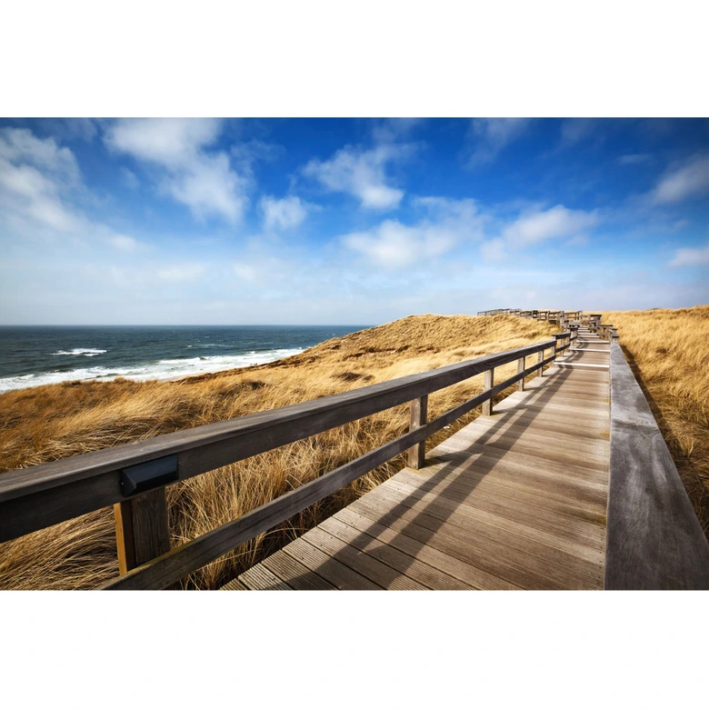 Strand-Fototapete Steg Dünen Blau Braun – Vliestapete 3,75 m x 2,50 m Meermotiv 