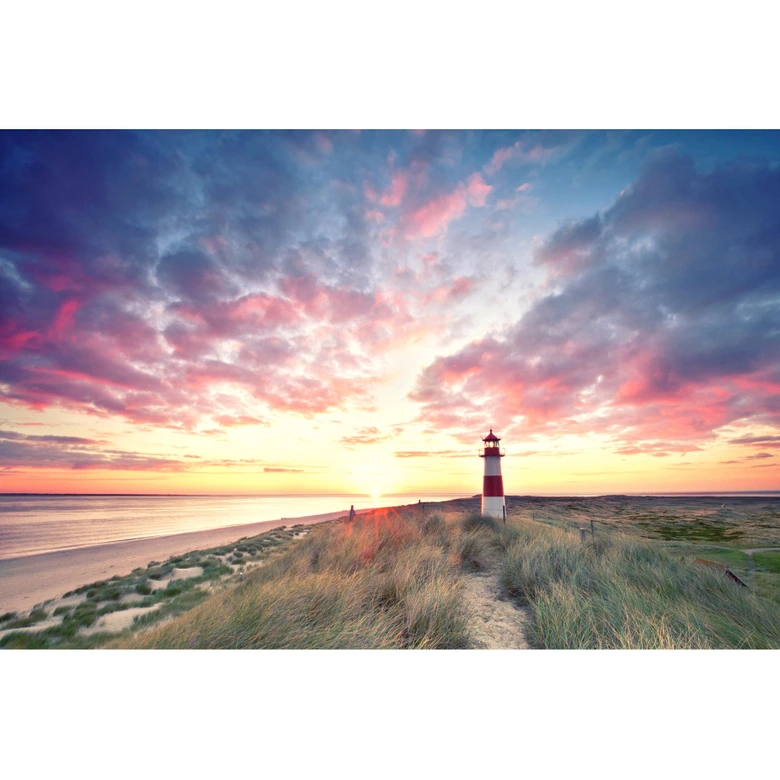 Leuchtturm-Fototapete Sonnenuntergang Rosa Blau – Vliestapete 3,75 m x 2,50 m Küstenmotiv 