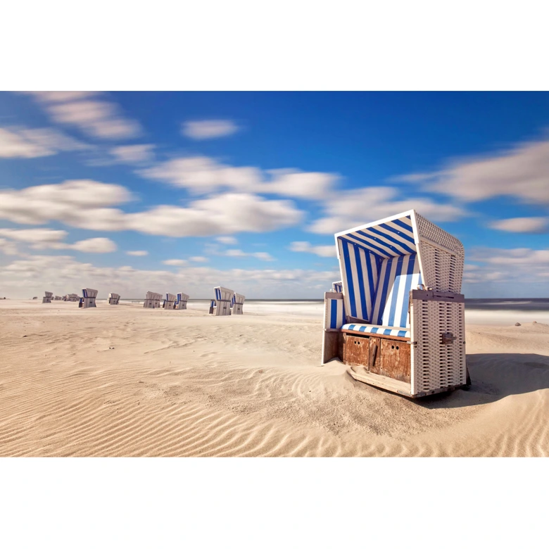 Strandkorb-Fototapete Dünen Blau Beige – Vliestapete 3,75 m x 2,50 m Nordseefeeling 