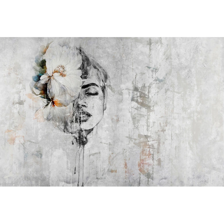 Kunst-Fototapete Frau Blume Grau Bunt – Vliestapete 3,75 m x 2,50 m modern kreativ 