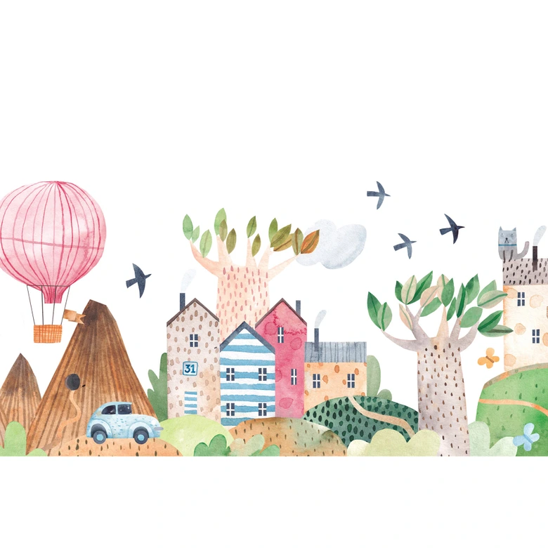 Papier peint chambre enfant montgolfière & village de contes de fées - 375 x 250 cm - Papier peint photo | WALL LOVE 