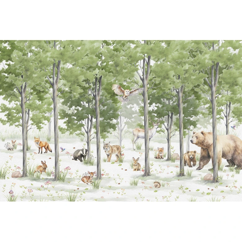 Fototapete Waldtiere im Wald Grün Weiß 3,75 x 2,50 m - Kindertapete Vlies 
