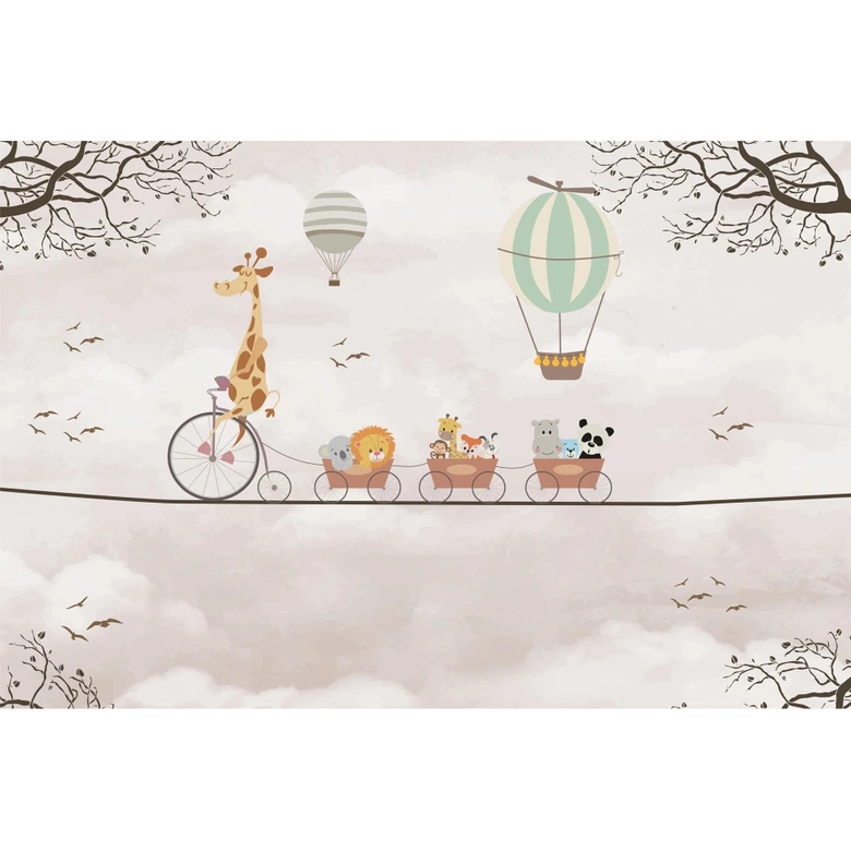 Fototapete Tiere im Zug Rosa Beige 3,75 x 2,50 m - Kindertapete mit Heißluftballon 