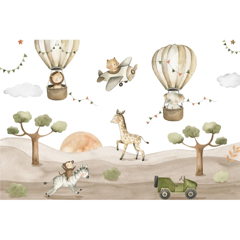 Safari Kids Dieren Beige Groen 3,75 x 2,50 m - Kinder fotobehang avontuur 