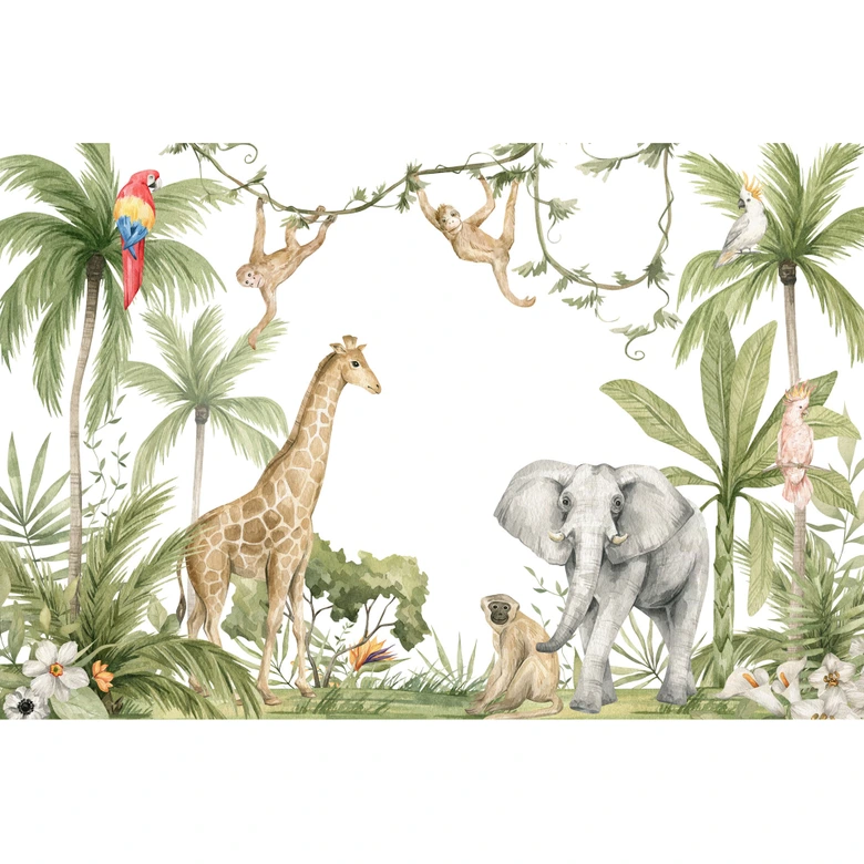 Papier peint animaux jungle vert blanc 3,75 x 2,50 m - papier peint enfants tropical intissé 