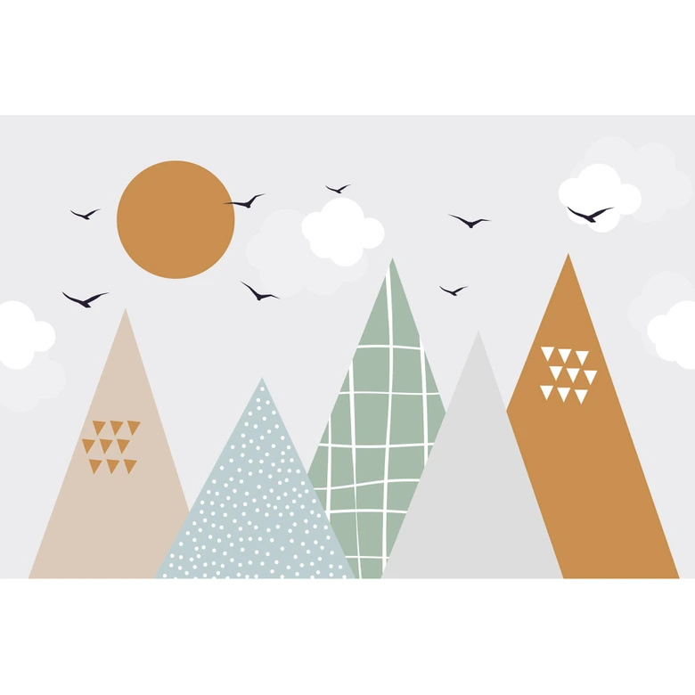 Papier peint montagne moderne beige vert 3,75 x 2,50 m - papier peint enfant style scandi intissé 