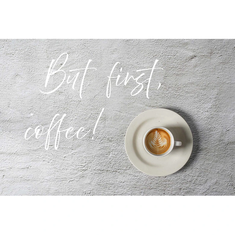 Kaffee-Fototapete Spruch Grau Weiß – 3,75 x 2,50 m – Vliestapete modern 