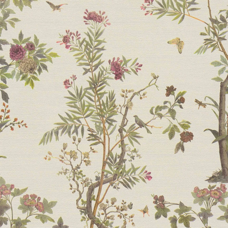 Papel pintado de motivo floral con mariposas crema verde rosa - Papel pintado no tejido motivo naturaleza 