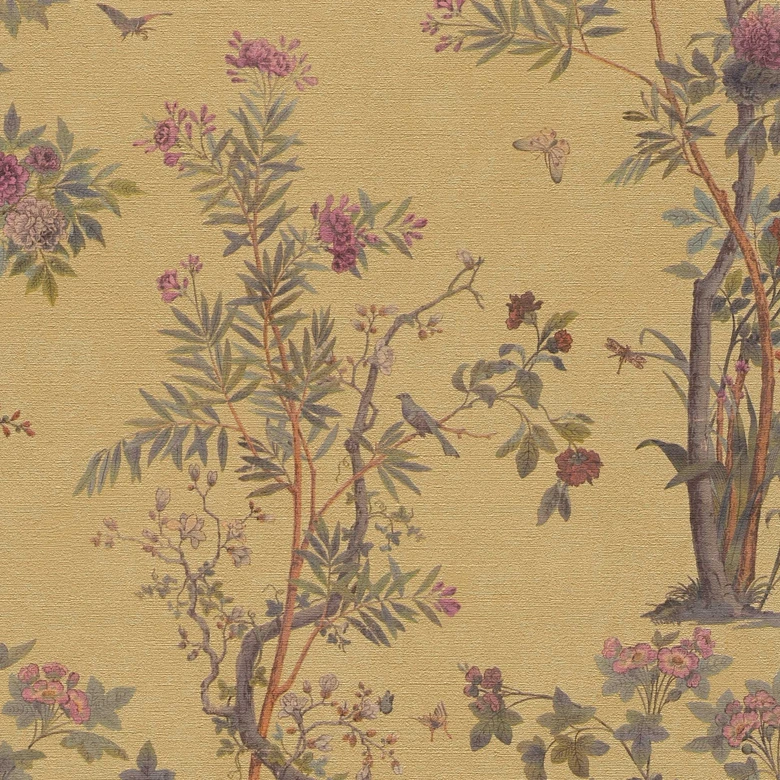 Tapety wg wzoru kwiatowego z motylami musztardowy żółty zielony różowy - tapeta z włókniny z motywem natury 