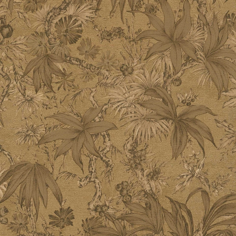 Papier peint botanique marron or - papier peint à motifs floraux exotiques - papier peint intissé 