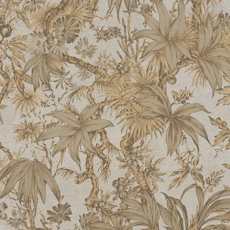 Botanisk tapet beige brun - exotisk tapet med bladmönster - Icke-vävd tapet 