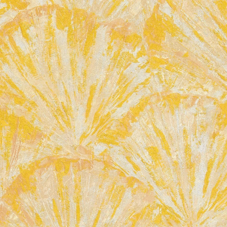 Vinyle expansé avec motif en éventail jaune beige - Papier peint intissé vif brillant 
