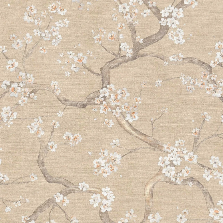 Blütenzweig-Tapete Beige Weiß Orange – Vliestapete mit Kirschblüten  