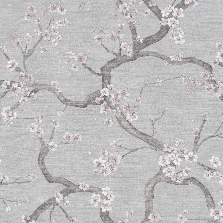 Blütenzweig-Tapete Grau Weiß Rosa – Vliestapete mit Kirschblüten  