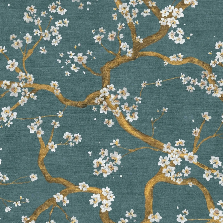 Papier peint branche fleurie vert foncé or blanc - motif fleurs asiatiques - papier peint intissé 