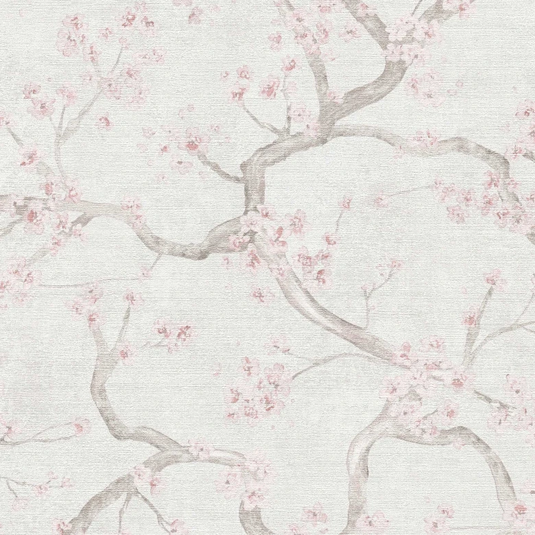 Kirschblüten-Tapete Hellgrau Rosa Weiß – Japanisches Blütenmotiv – Vliestapete 
