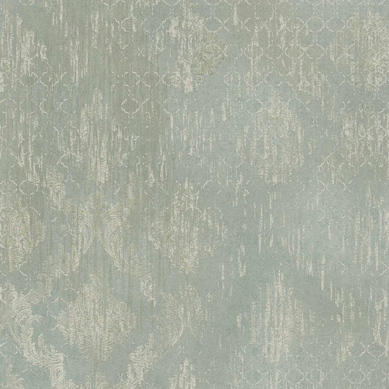 Papier peint ornemental vert menthe argenté - Papier peint intissé brillant avec motif vintage 