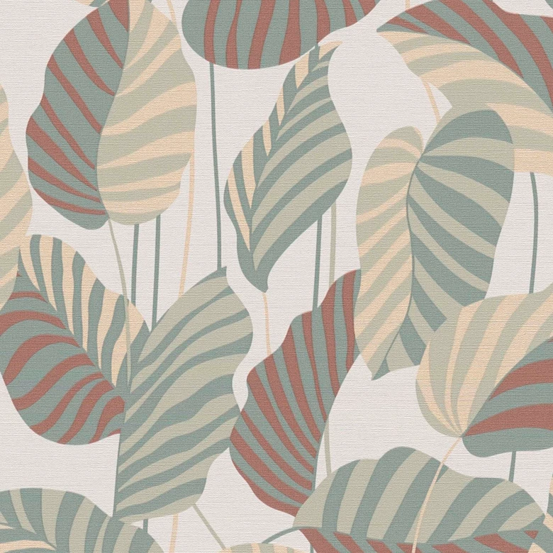 behang planten bladeren wit groen oranje rood - modern vliesbehang 