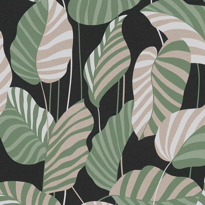 Papier peint Feuilles Vert Noir - papier peint intissé végétal floral moderne 