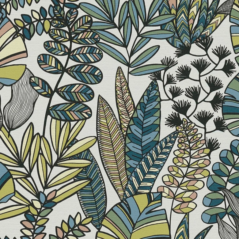 Jungle papier peint feuilles plantes vert bleu blanc - modèle papier peint intissé 