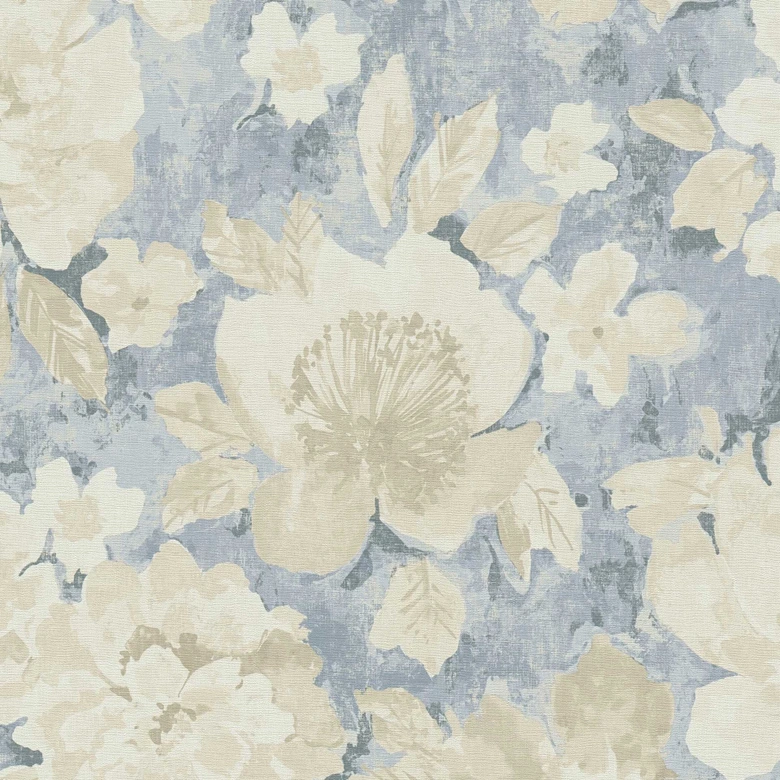 Papier peint floral Vintage bleu beige - papier peint fleuri rétro - papier peint intissé 