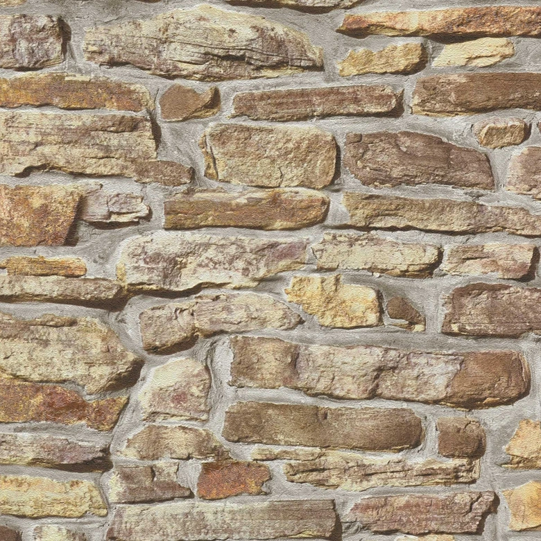 Natursteintapete Beige Gelb - Vliestapete Steinwand Braun - Industrial Tapete 