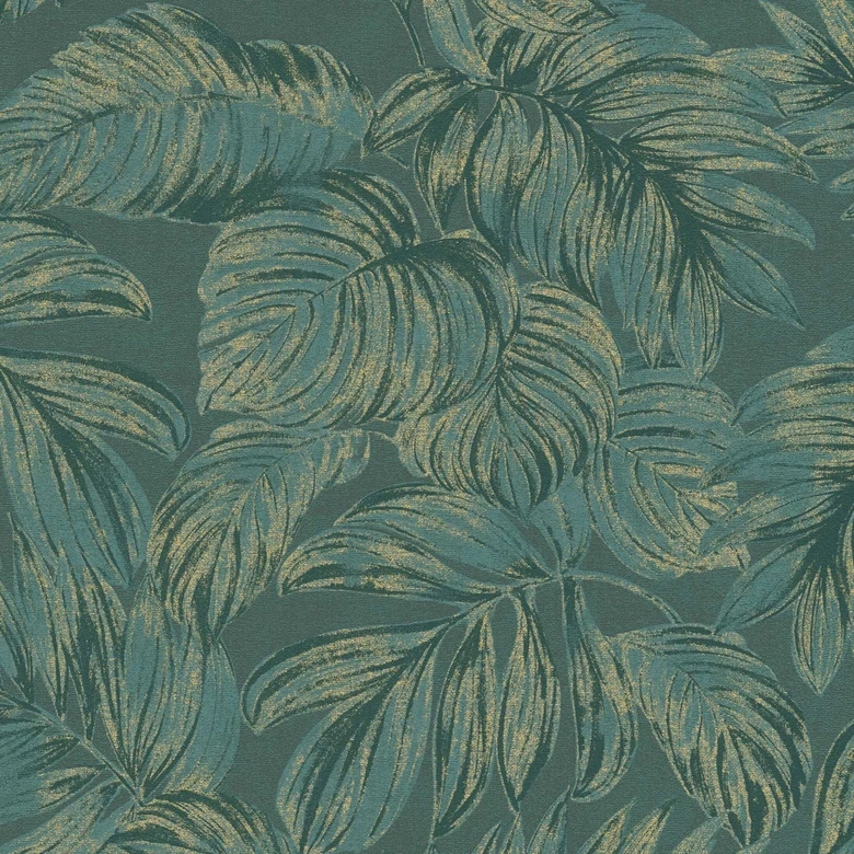 papier peint jungle vert or avec effet métallique - papier peint intissé feuilles de palmier 