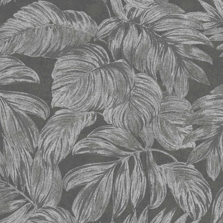papier peint jungle anthracite gris argenté avec effet métallique - papier peint palmier 