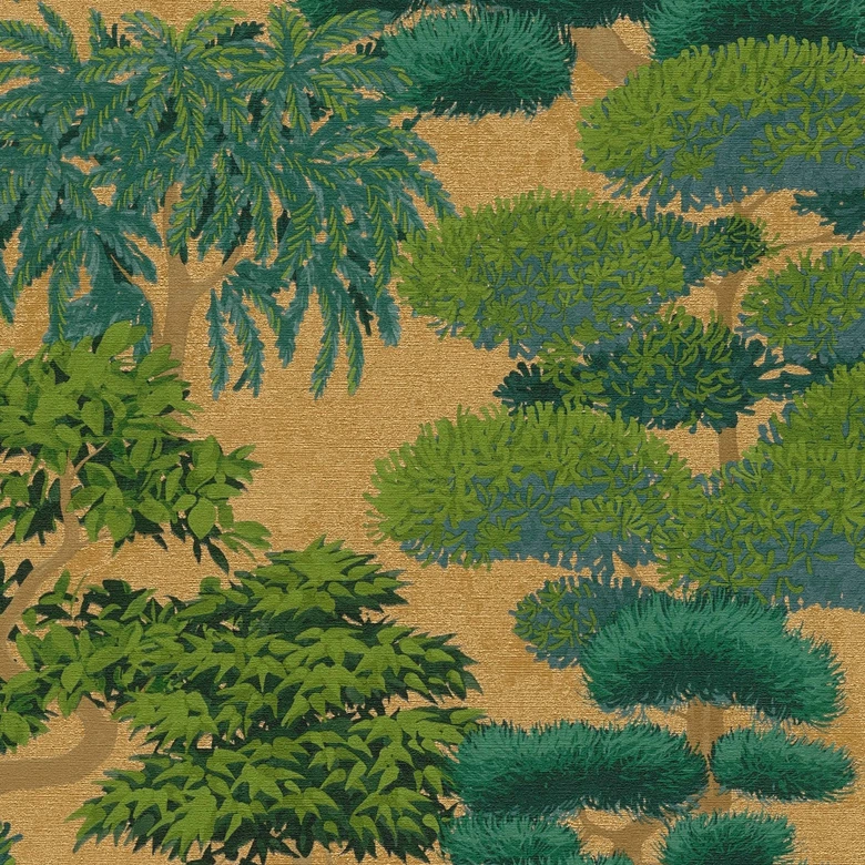 Papier peint intissé arbres nature vert or Papier peint mural forêt feuilles paysage  