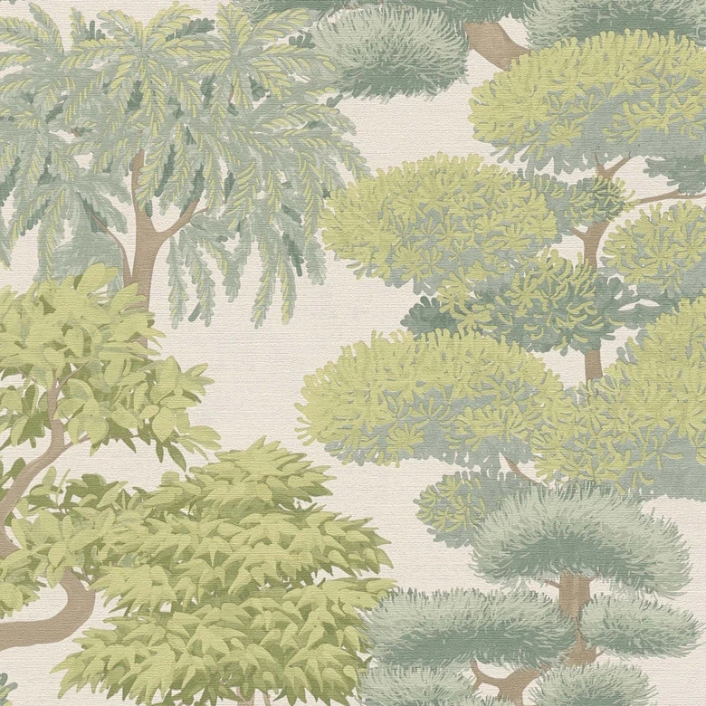 Papier peint intissé Arbres Nature vert crème Papier peint mural Forêt Feuilles Paysage  