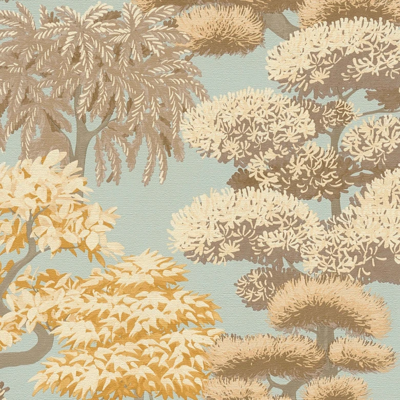 Vliestapete Bäume Natur blau beige Tapete Wandtapete Wald Blätter Landschaft  