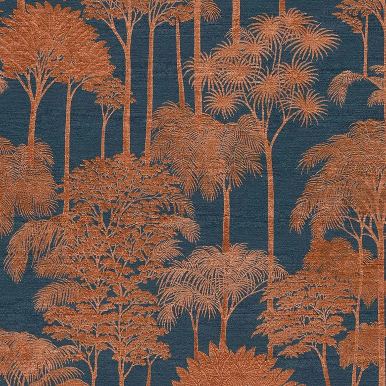 Non-woven wallpaper forest trees palm trees blue brown metallic wallpaper wallpaper nature jungle 
